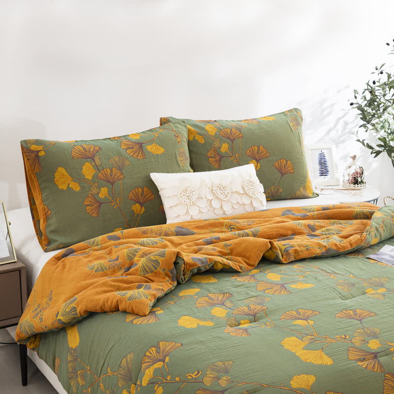 Rustic Ginkgo Leaf Cotton Gauze Bedding  - 2pcs Pillowcases - Green & Yellow - 20" x 36" - image 22