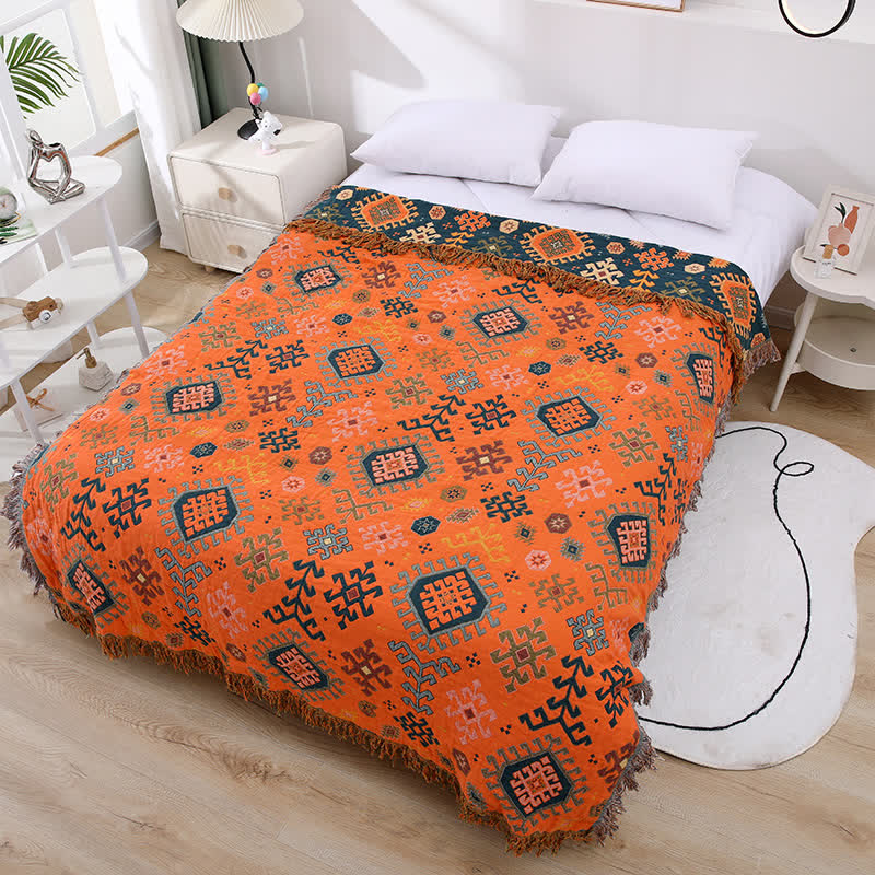  Retro Geometric Cotton Gauze Tassel Quilt - Orange - Queen - image 0
