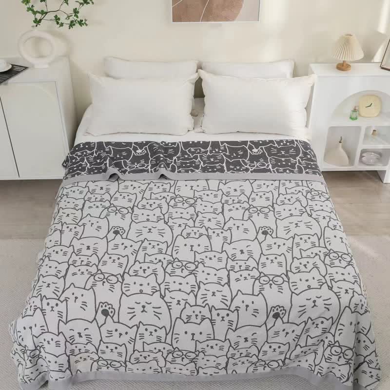 Cute Cat Four Layers Cotton Gauze Quilt - Gray - Queen - image 7