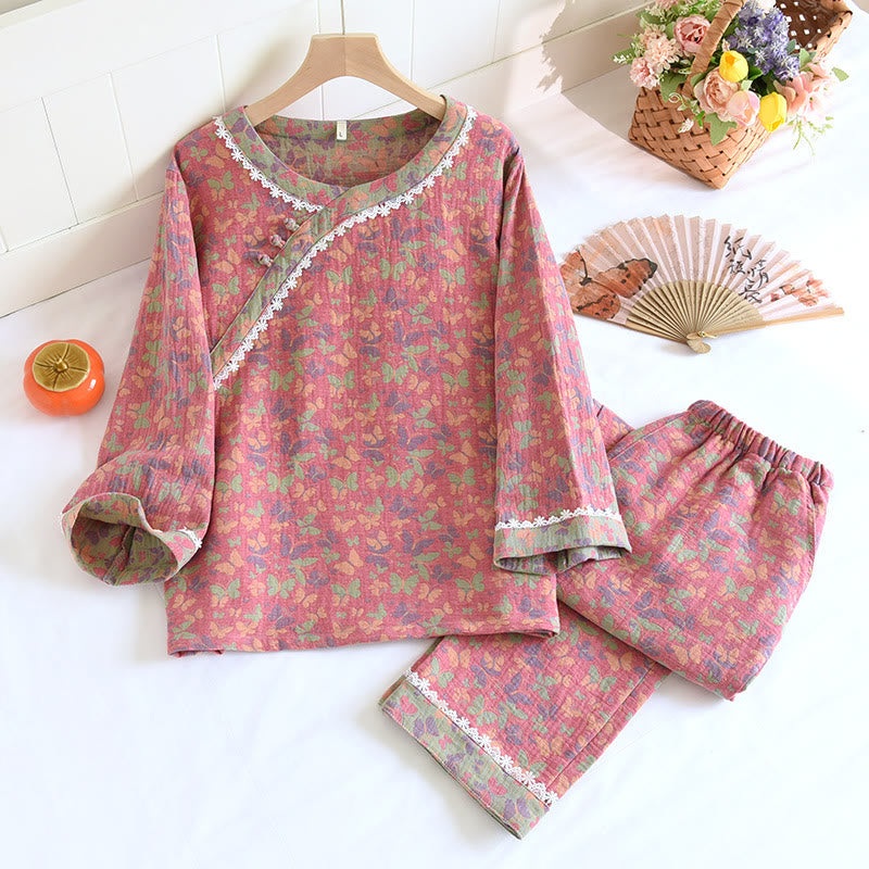 Cotton Gauze Jacquard Butterfly Pajama Set - Dark Pink - XL - image 3