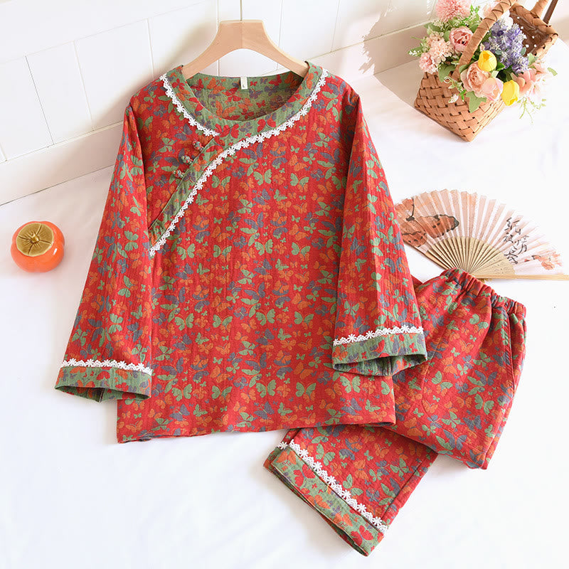 Cotton Gauze Jacquard Butterfly Pajama Set - Red - XL - image 11