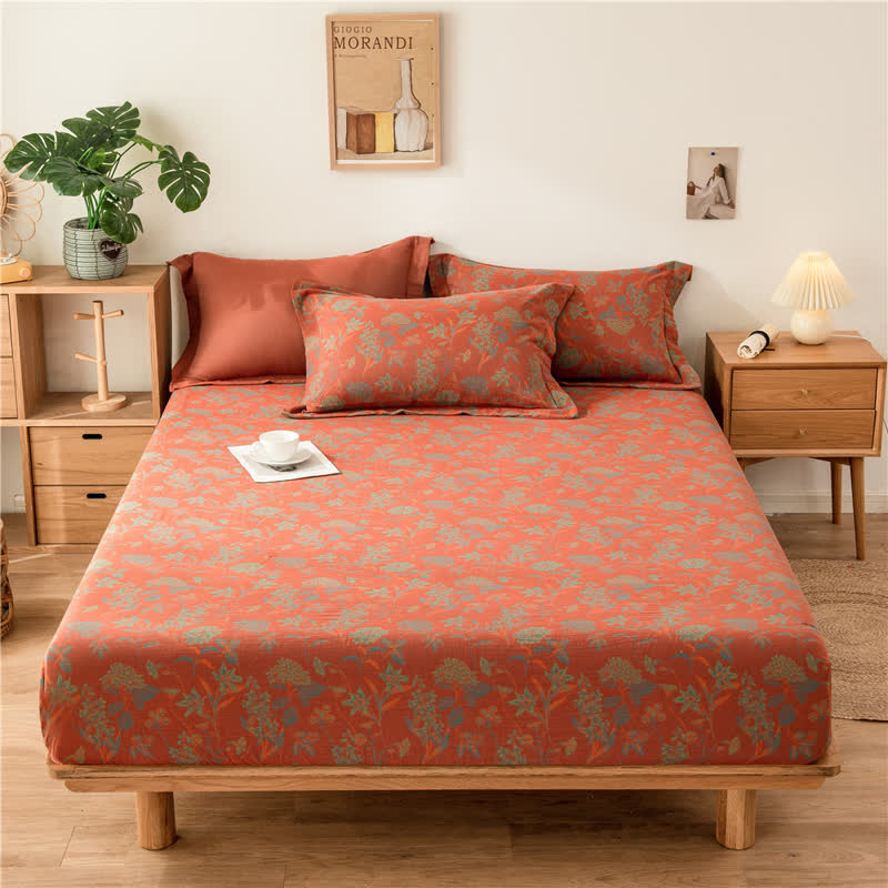 Vintage Floral Cotton Gauze Soft Fitted Sheet - Sheet with 2pcs Pillowcases - King - image 0