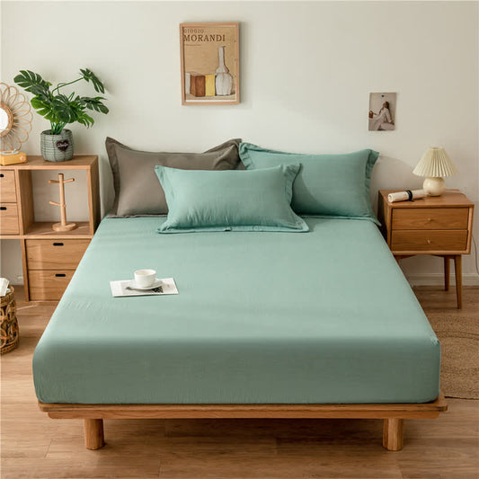 Solid Color Cotton Gauze Fitted Sheet - Green - Sheet with 2pcs Pillowcases - King - image 0