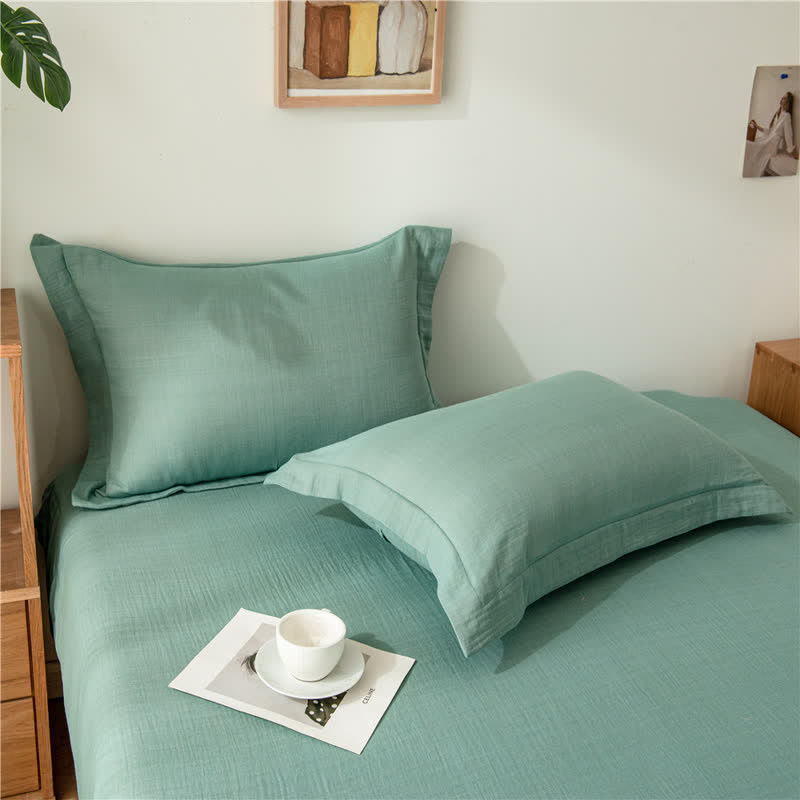 Solid Color Cotton Gauze Fitted Sheet - Green - 2pcs Pillowcases - 19" x 29" - image 7