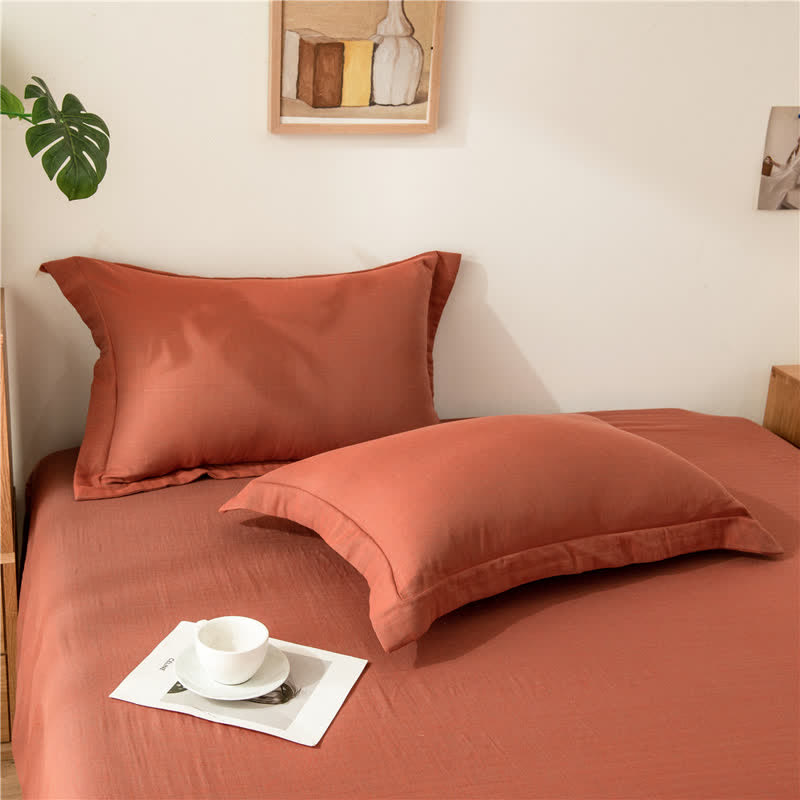 Solid Color Cotton Gauze Fitted Sheet - Brick Red - 2pcs Pillowcases - 19" x 29" - image 18