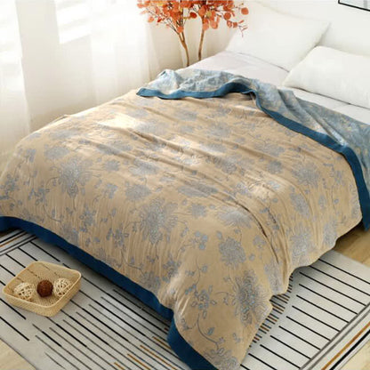 Lightweight Flower Print Cotton Reversible Quilt - Yellow - Queen - image 1