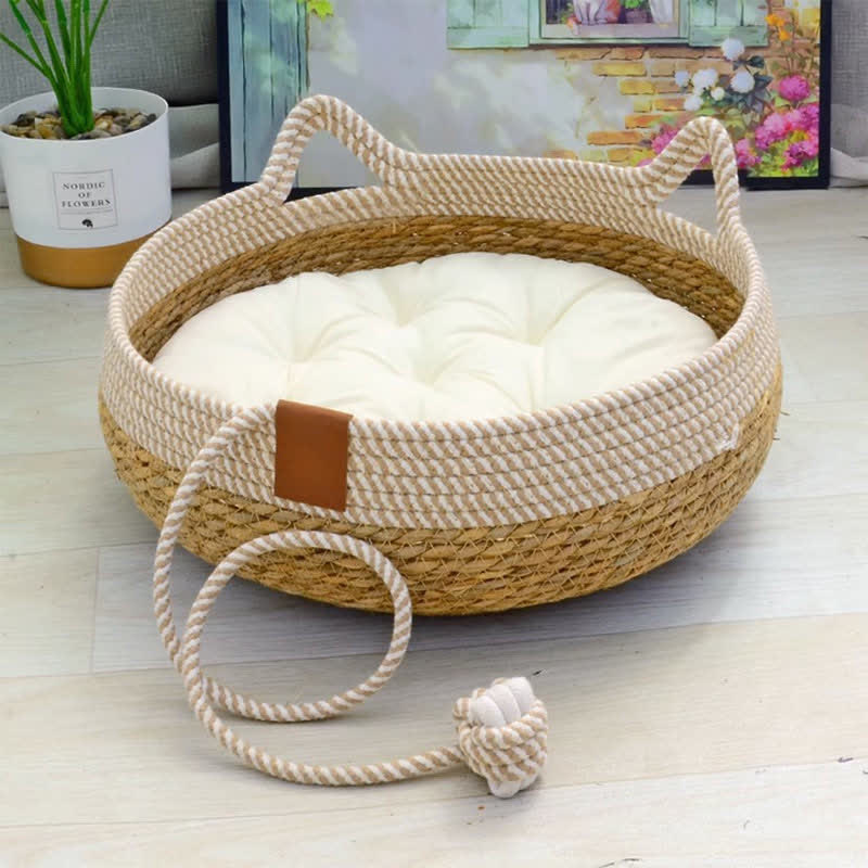 Handmade Woven Rattan Cat Bed - Pet Bed with White Mat - M: 46cm - image 3