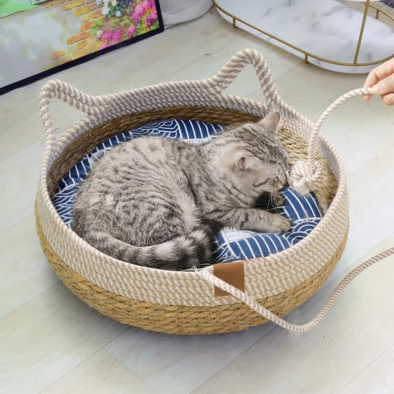 Handmade Woven Rattan Cat Bed - Pet Bed with Blue Mat - M: 46cm - image 0