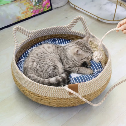 Handmade Woven Rattan Cat Bed - Pet Bed with Blue Mat - M: 46cm - image 0