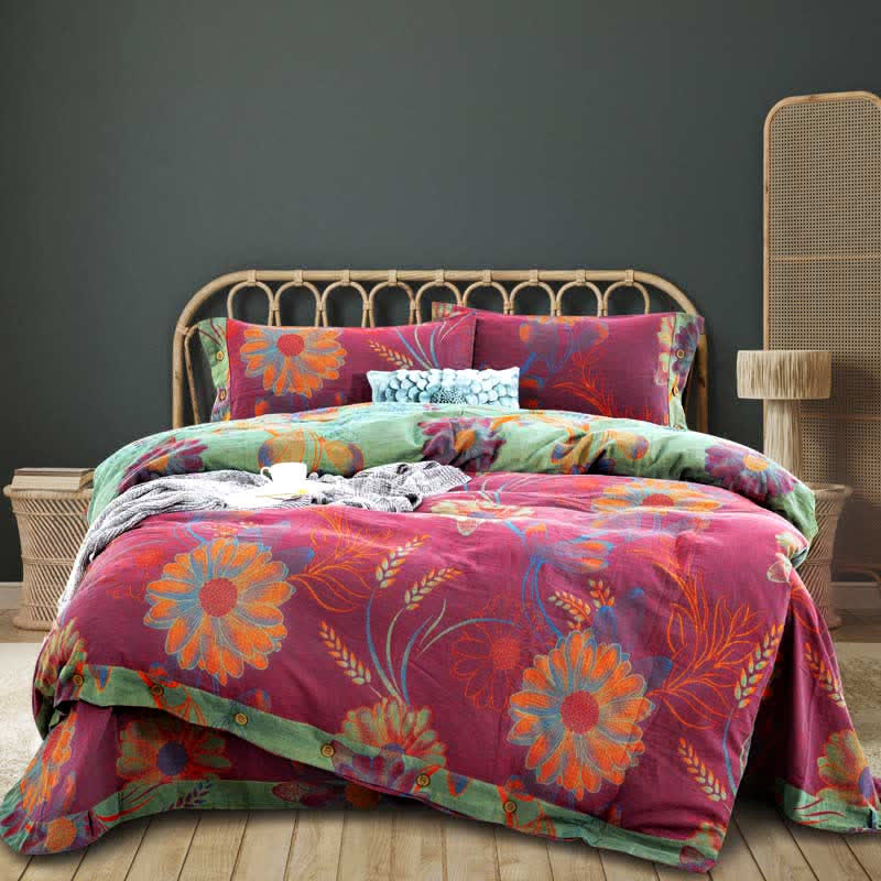 Floral Button Duvet Cover Bedsheet & Pillowcases (4PCS) - Purple - King - image 0
