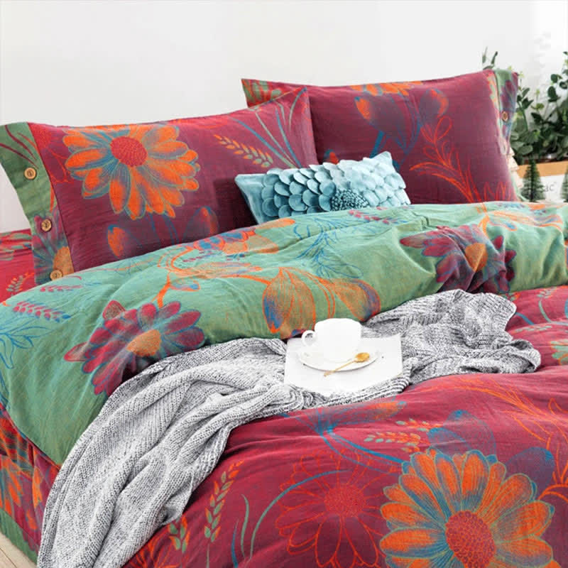 Floral Button Duvet Cover Bedsheet & Pillowcases (4PCS) - image 1