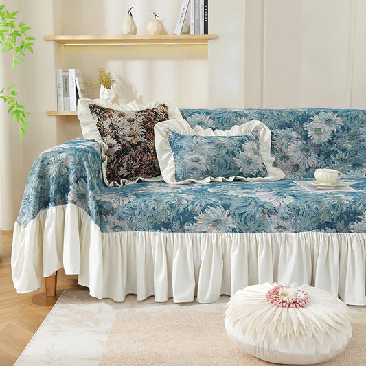 Art Print Daisy Ruffled Sofa Cover - Blue - 1pc Pillowcase: 18" x 18" - image 0