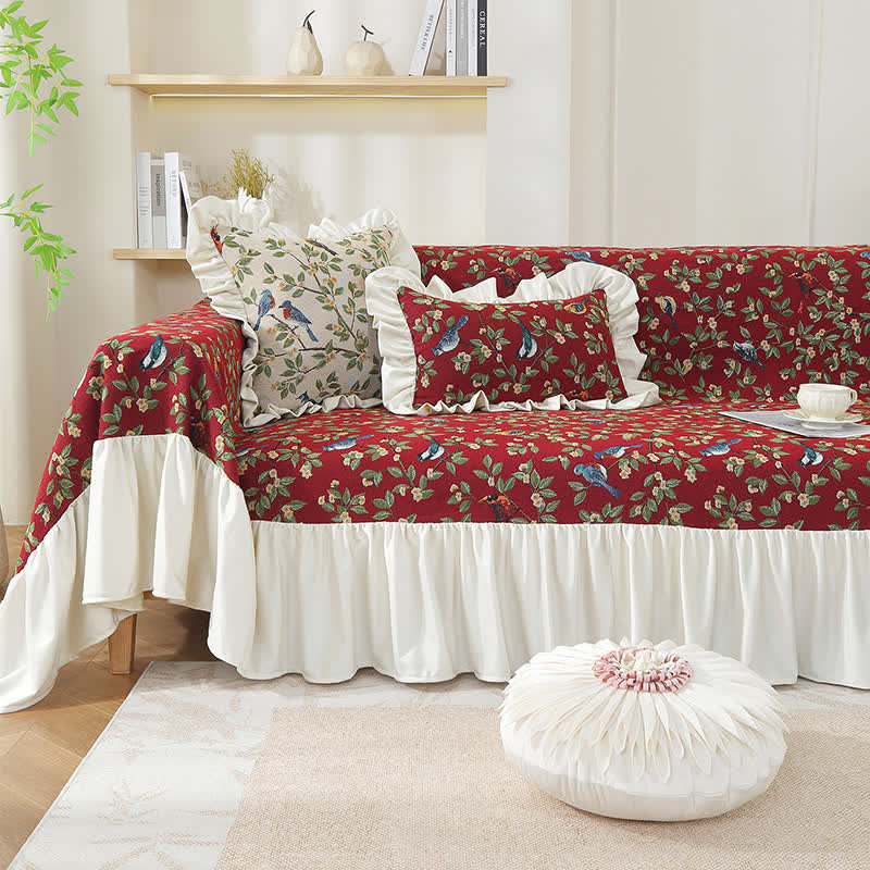 Rural Style Bird & Floral Soft Sofa Cover - Wine Red - 1pc Pillowcase: 18" x 18" - image 0