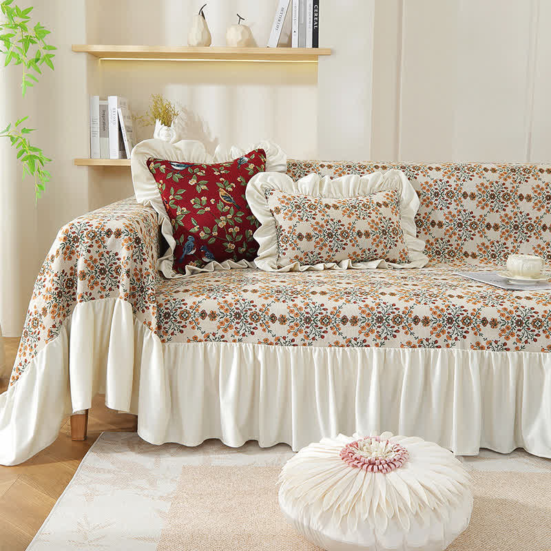 Jacquard Plum Blossom Ruffled Sofa Cover - 1pc Pillowcase: 18" x 18" - image 0