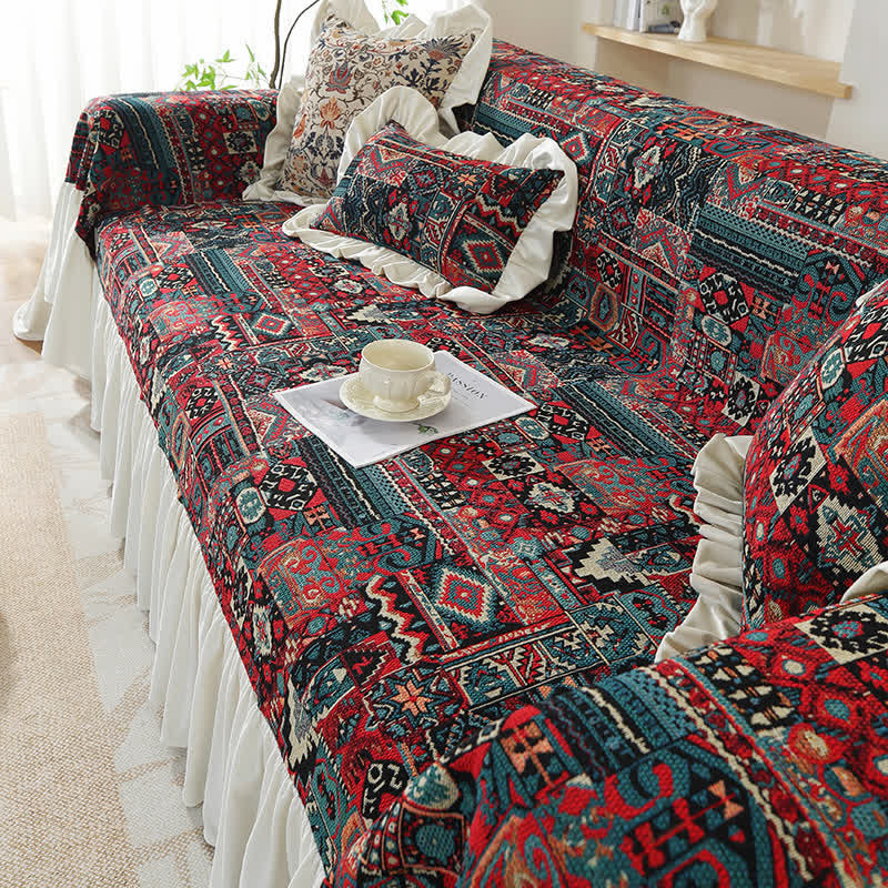 Boho Vintage Geometric Ruffle Sofa Cover - image 7