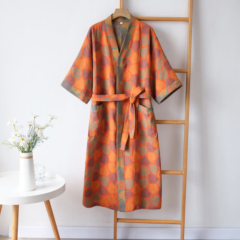 V-neck Vivid Leaf Cotton Gauze Summer Bathrobe - XXL - image 0