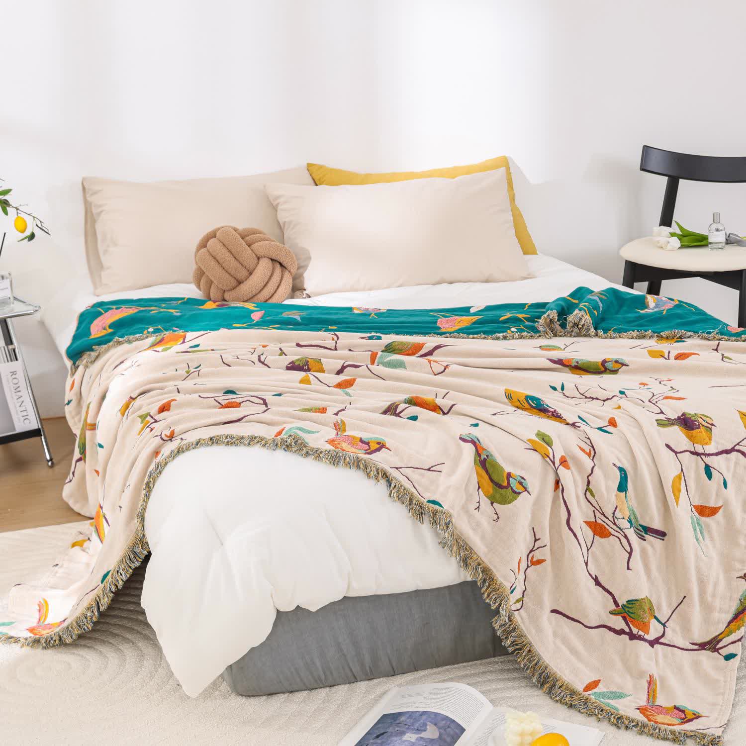 Cotton Gauze Pastoral Bird Tassel Quilt  - image 2