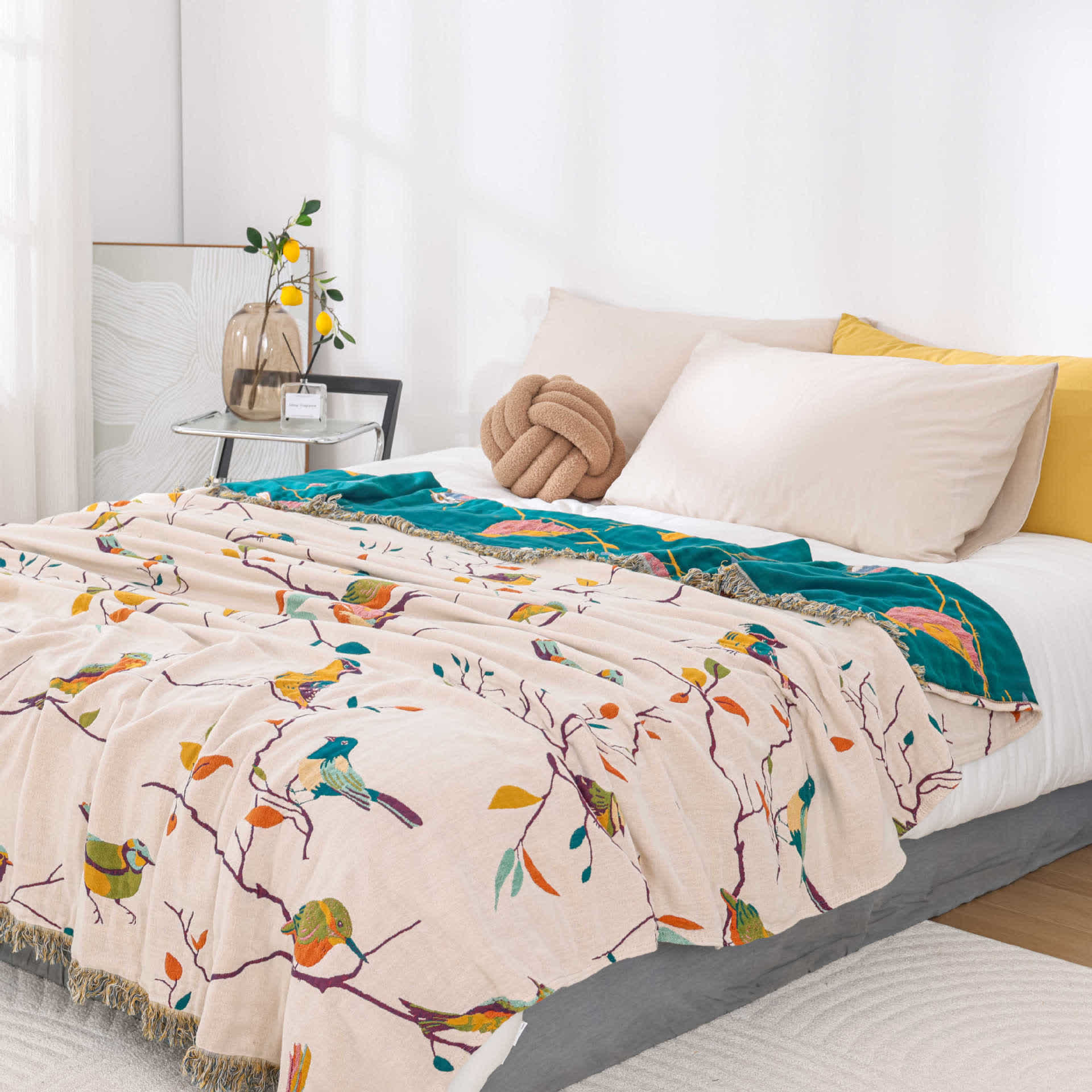 Cotton Gauze Pastoral Bird Tassel Quilt  - image 3