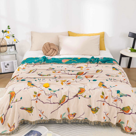 Cotton Gauze Pastoral Bird Tassel Quilt  - Queen - image 0