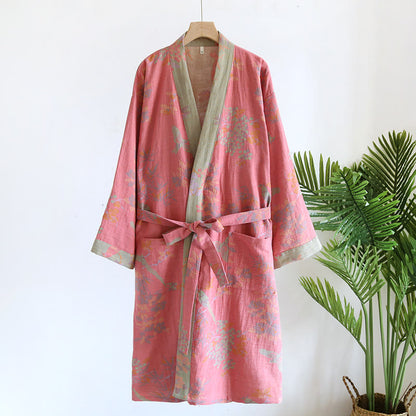Jacquard Retro Cotton Gauze Pastoral Style Bathrobe - Pink - L - image 6