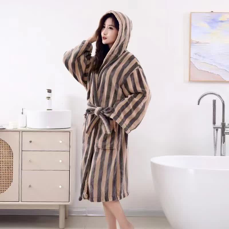 Modern Line Comfy Fleece Hooded Bathrobe - Coffee - One Size - image 3