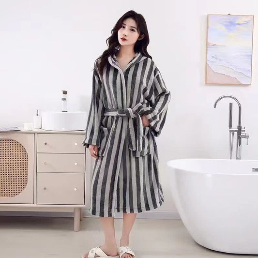 Modern Line Comfy Fleece Hooded Bathrobe - Gray - One Size - image 0