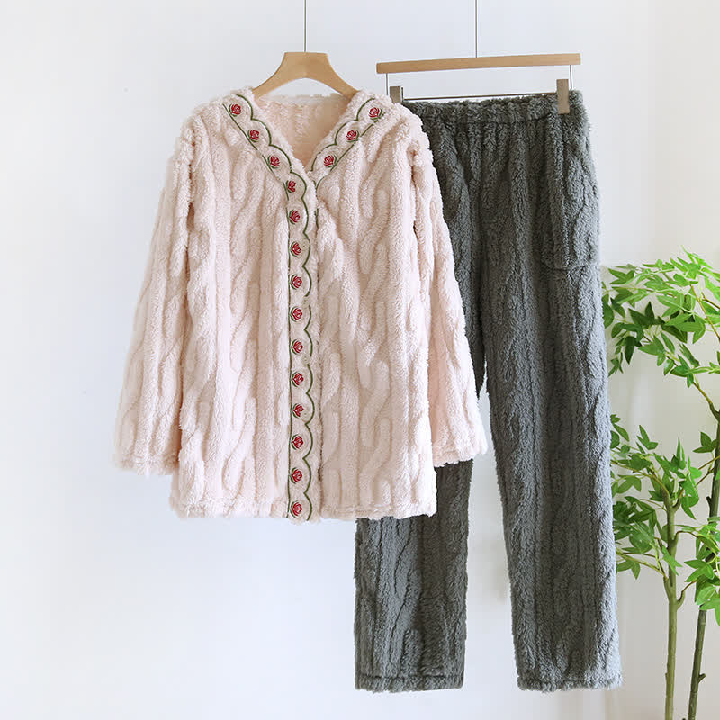 Embroidery Fluffy Fleece Long Sleeves Pajama Set - Button-down - XL - image 4