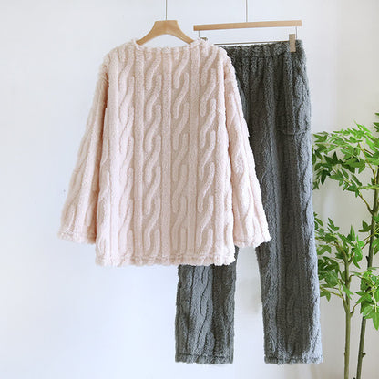 Embroidery Fluffy Fleece Long Sleeves Pajama Set - image 1