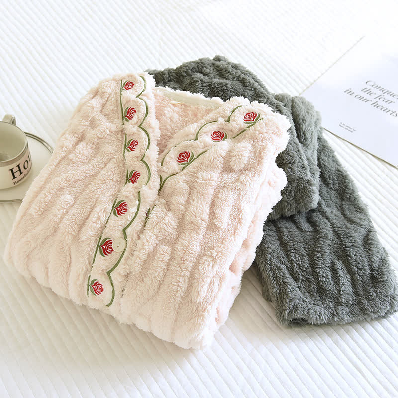 Embroidery Fluffy Fleece Long Sleeves Pajama Set - image 5