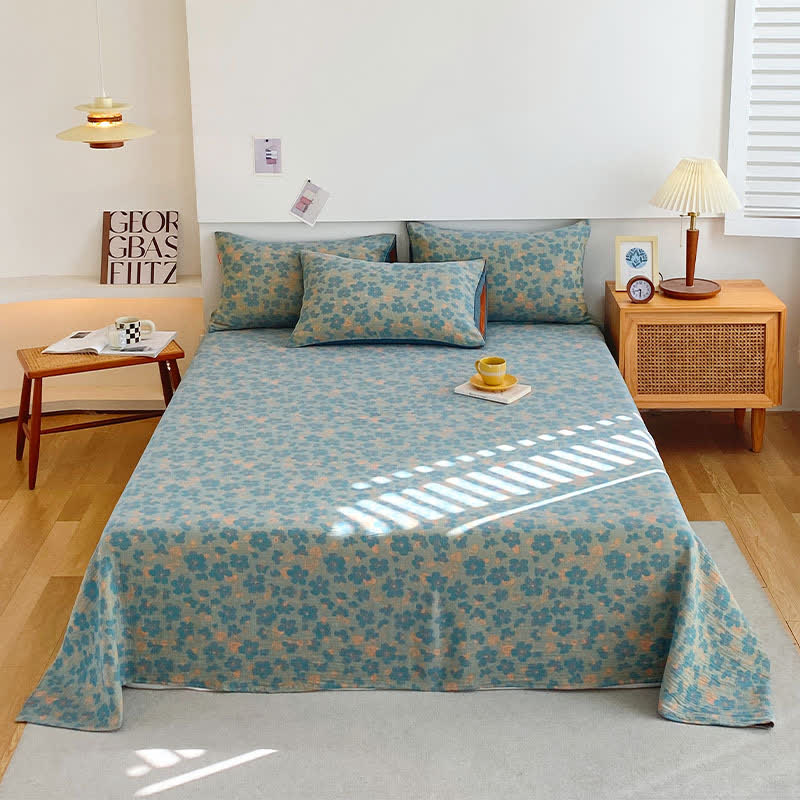  Premium Cotton Pastoral Style Flat Sheet - Sheet with 2pcs Pillowcases - Queen - image 0