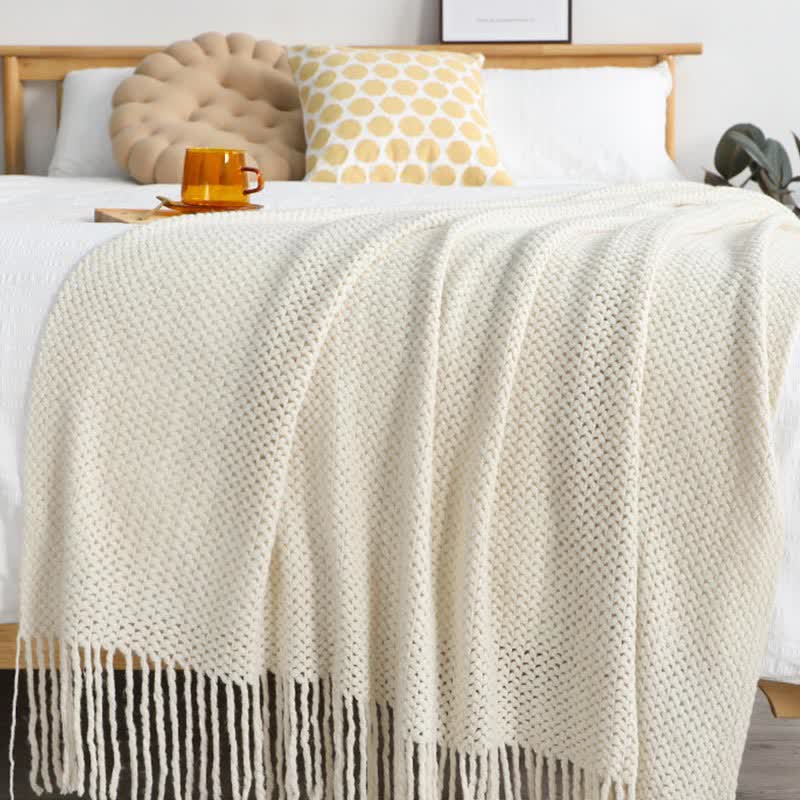 Ownkoti Simple Solid Color Knit Tassel Blanket - Off-white - 51" x 90" - image 10