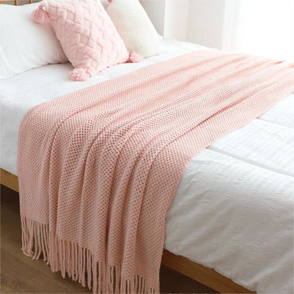 Ownkoti Simple Solid Color Knit Tassel Blanket - Pink - 51" x 90" - image 13