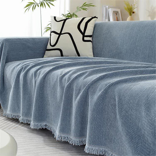 Chenille Herringbone Tassel Couch Cover - Haze Blue - 71" x 205" - image 0
