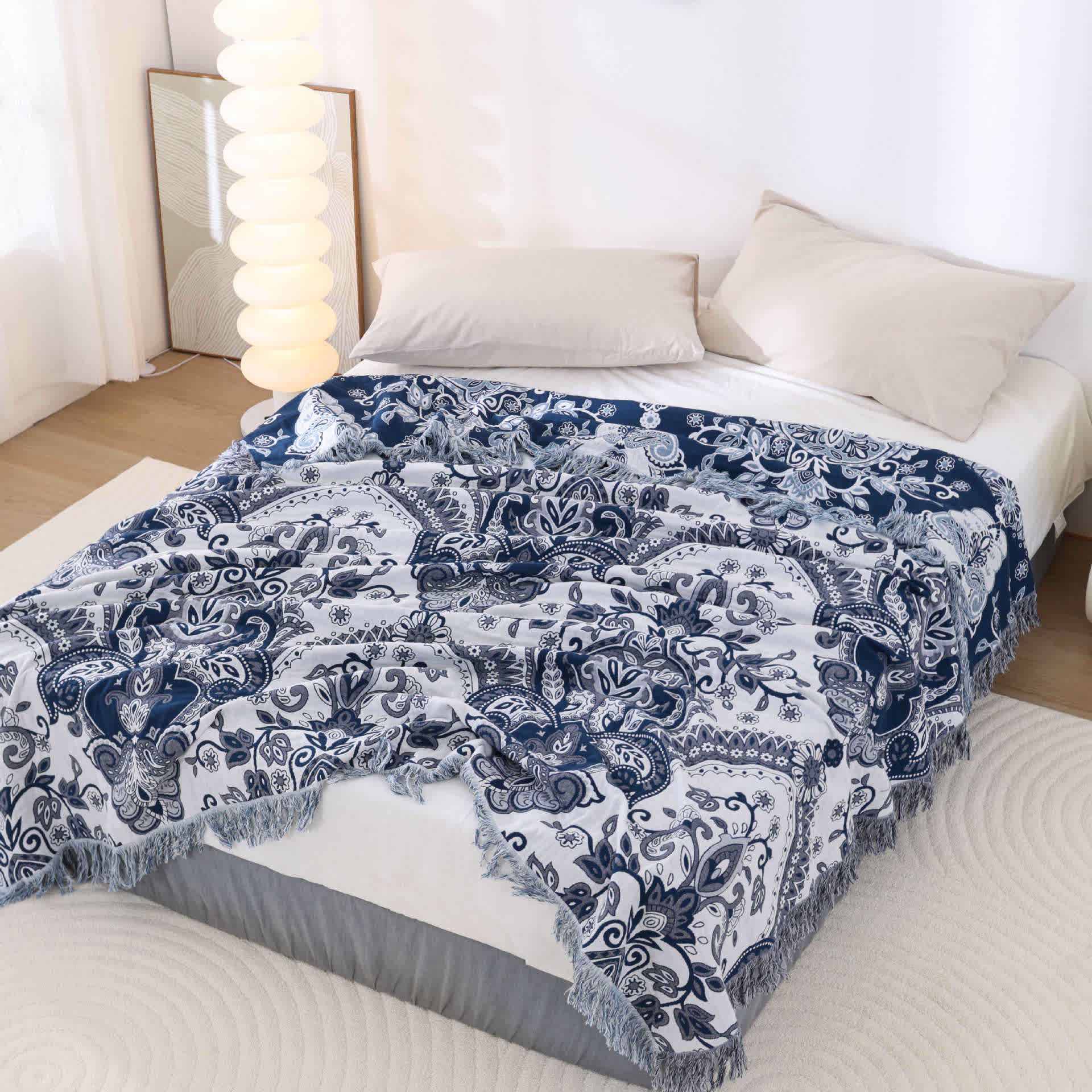 Retro Paisley Cotton Tassel Lightweight Quilt - Navy Blue - Queen - image 4
