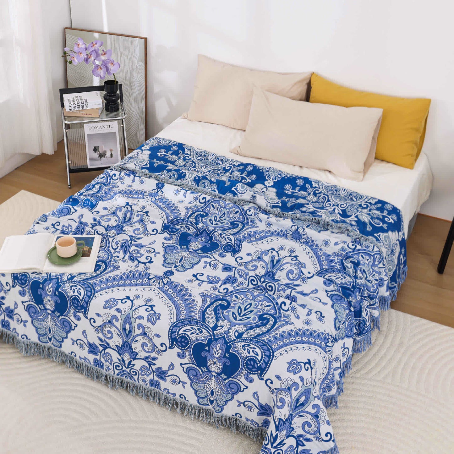 Retro Paisley Cotton Tassel Lightweight Quilt - Blue - Queen - image 0