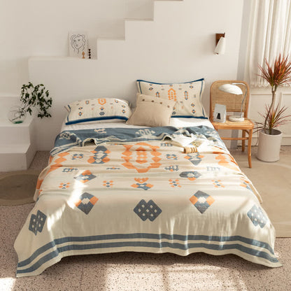 Geometric Four Layer Cotton Gauze Quilt - Beige & Dark Blue - Queen - image 11