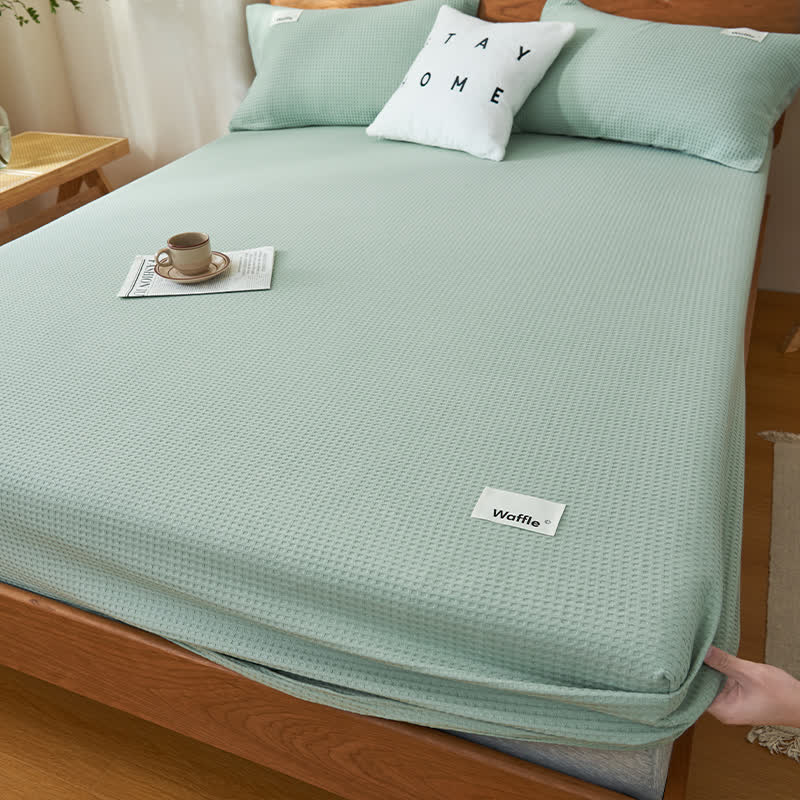 Pure Cotton Waffle Texture Fitted Sheet - Mint Green - Sheet with 2pcs Pillowcases - King - image 0