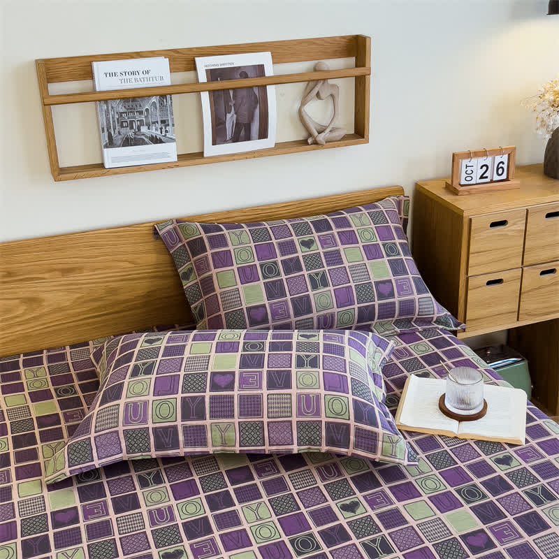 Double Layer Cotton Gauze Plaid Fitted Sheet - 2pcs Pillowcases - 19" x 29" - image 5