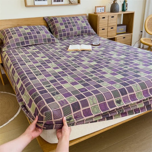 Double Layer Cotton Gauze Plaid Fitted Sheet - Sheet with 2pcs Pillowcases - King - image 0