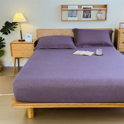  Cotton Gauze Solid Color Fitted Sheet - Purple - Sheet with 2pcs Pillowcases - King - image 2