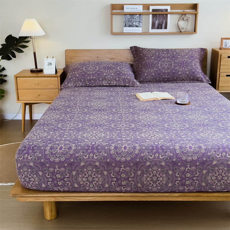 Pure Cotton Jacquard Vintage Fitted Sheet - Purple - Sheet with 2pcs Pillowcases - King - image 1