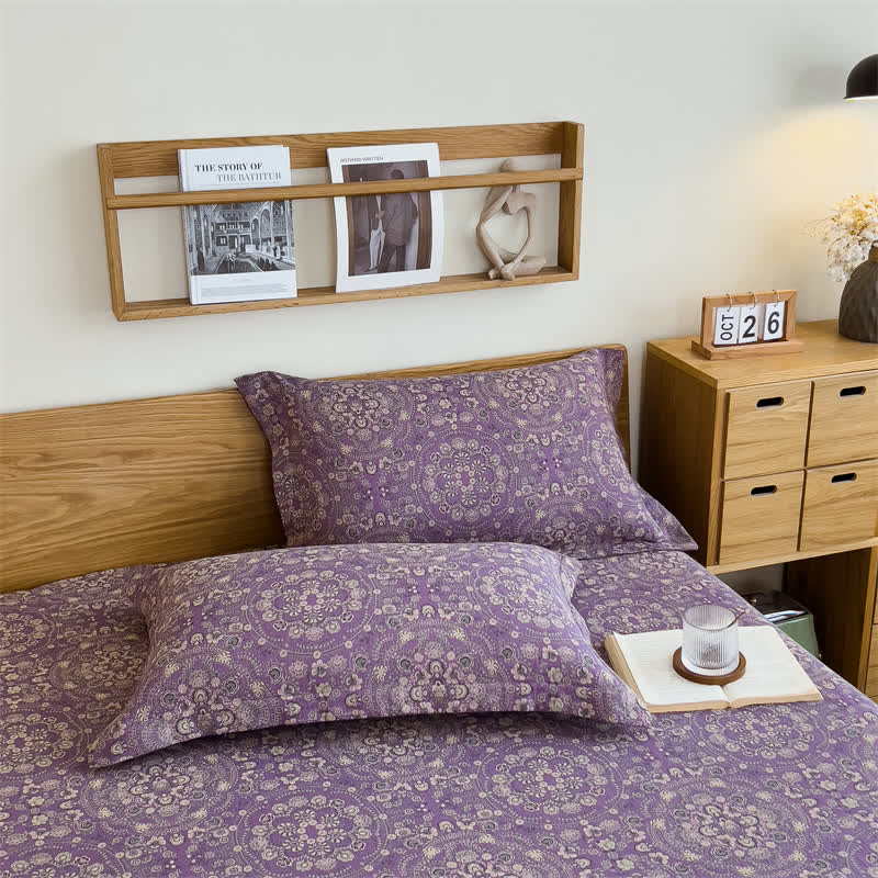 Pure Cotton Jacquard Vintage Fitted Sheet - Purple - 2pcs Pillowcases - 19" x 29" - image 5