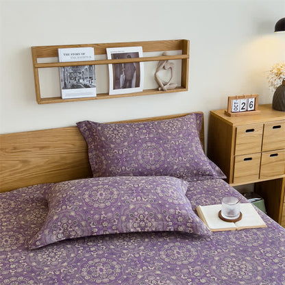 Pure Cotton Jacquard Vintage Fitted Sheet - Purple - 2pcs Pillowcases - 19" x 29" - image 5