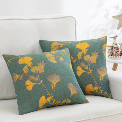 Cotton Gauze Jacquard Ginkgo Leaf Pillowcases(2PCS) - Green & Yellow - 18" x 18" - image 8