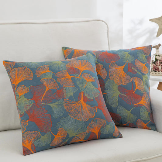 Yarn-dyed Ginkgo Leaf Cotton Gauze Pillowcases(2PCS) - Dark Blue & Orange - 18" x 18" - image 0
