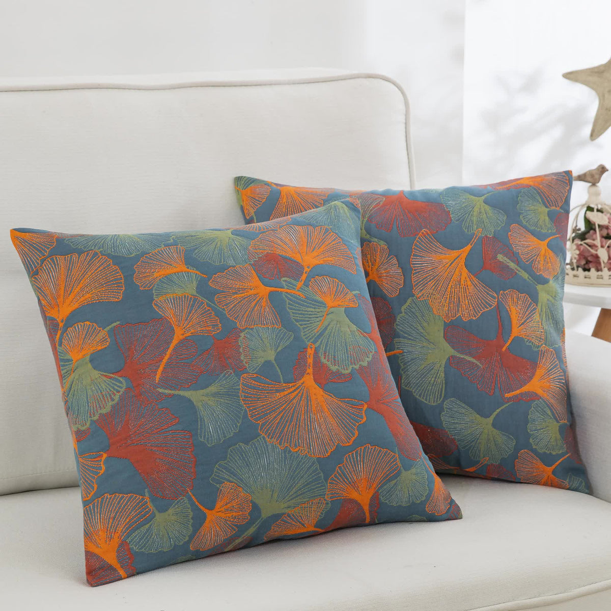 Yarn-dyed Ginkgo Leaf Cotton Gauze Pillowcases(2PCS) - Dark Blue & Orange - 20" x 36" - image 0