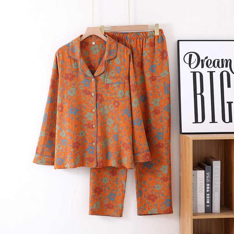 Retro Floral Cotton Gauze Cardigan Pajama Set - Orange - M - image 1