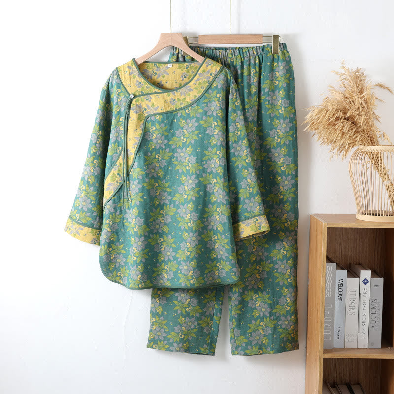 Floral Frog Closure Cotton Gauze Pajama Set - Green - XL - image 8