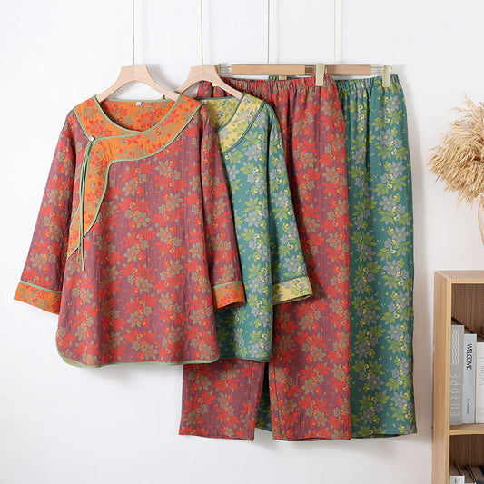 Floral Frog Closure Cotton Gauze Pajama Set - image 0