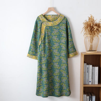 Jacquard Cotton Gauze Floral Nightgown - Green - L - image 1